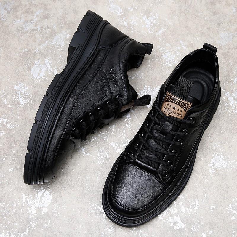 Mens Casual Leather Shoes 2026 Trendy British Style Round Toe Low Cut Soft Sole