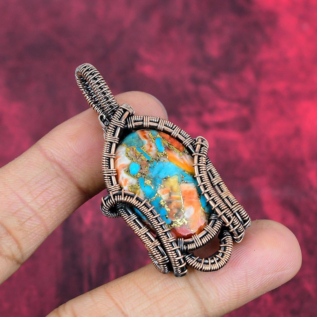 Spiny Oyster Copper Turquoise Pendant Copper Wire Wrapped Gemstone Pendant Handmade Birthstone Pendant Copper Wire Jewelry Gifts for Friend