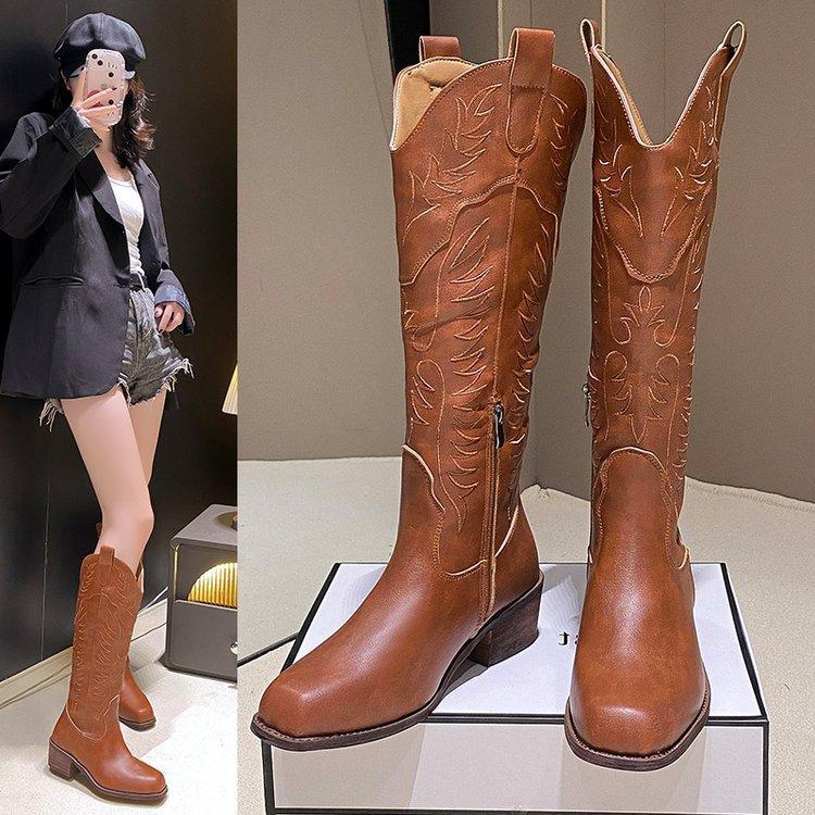 Vintage Square Heel Western Cowboy Boots Women's V-Mouth Embroidered Knight Boots Side Zipper Boots