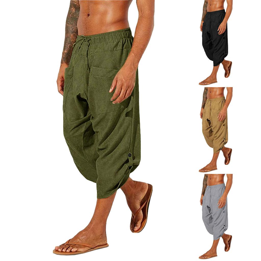 Linen Clothing For Men Easy Bodybuilding Motion Pants For Men Linen Pocket Color Cropped Trousers