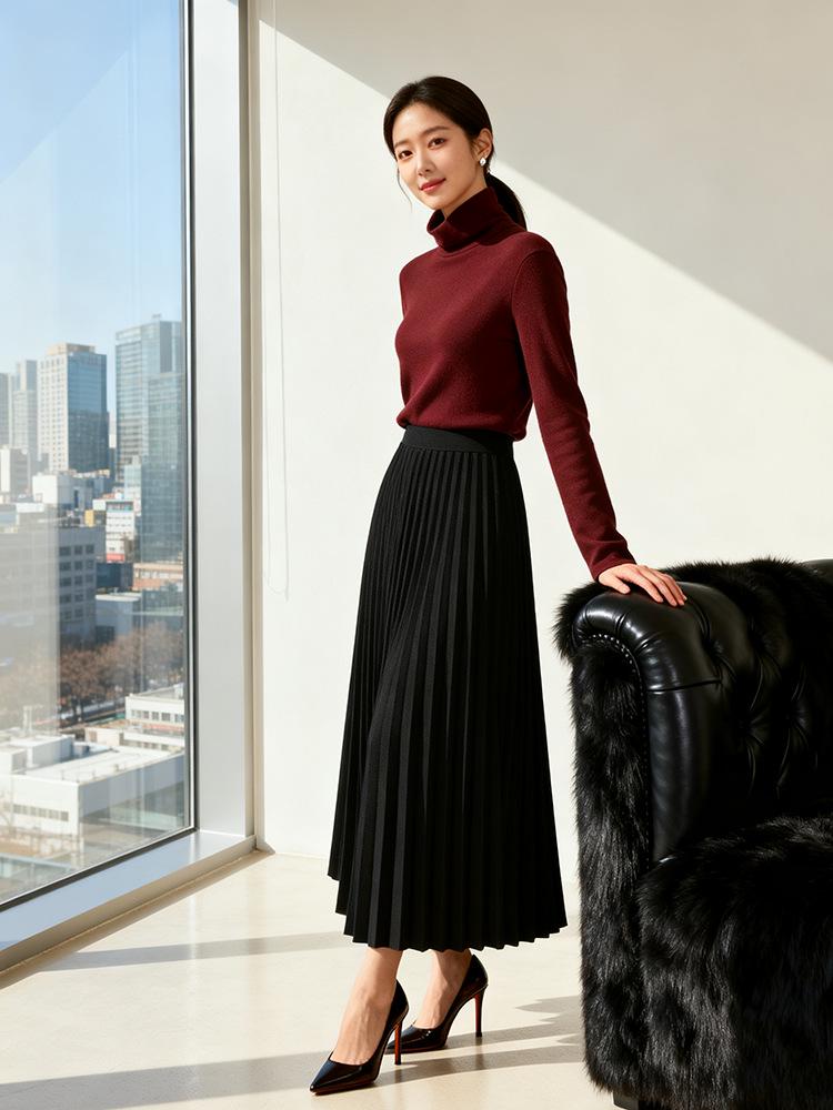 Fei Yuan Women's Elegant High-Waist Accordion Pleated Skirt - Autumn/Winter Style