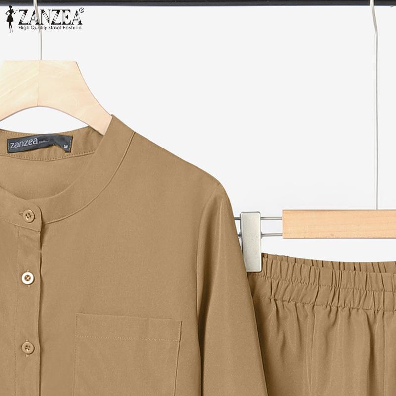 ZANZEA Bluzka z długim rękawem i spodnie damskie, casualowe dwuczęściowe zestawy garniturowe