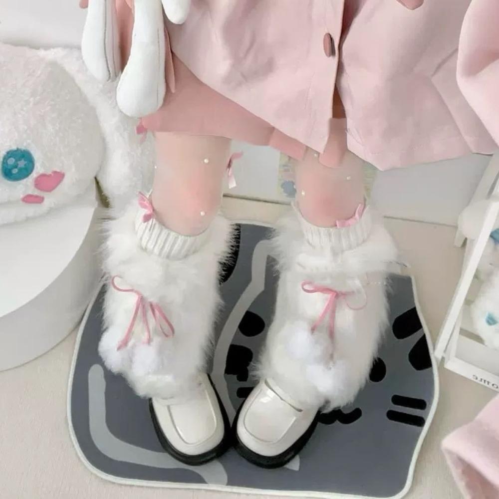 Faux Fur Boot Cover Socks Lace Up Balls Calf Sleeves White Long Tube Socks Lady