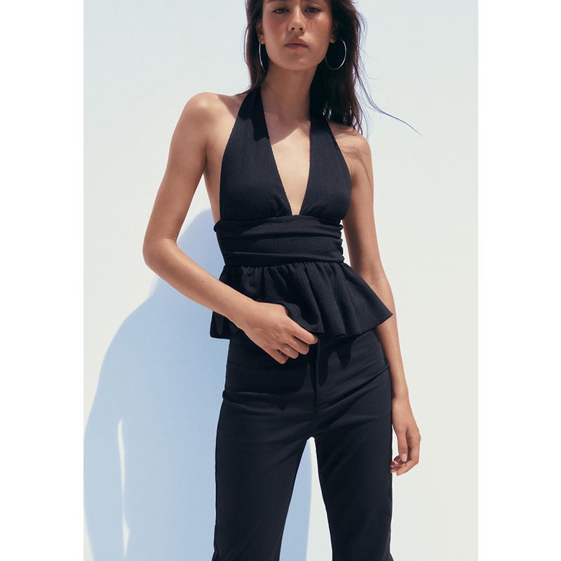 Summer New Product Women's Clothes Vacation Style Laminated Decoration Halterneck Collar Light Mature Wind Casual Tops 0347317