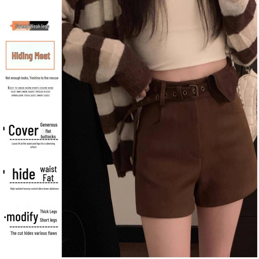 Shorts de Suede Negro Peludo de Talla Grande de Cintura Alta Línea A con Bolso Cinturón - Estilo Coreano para Mujer para Primavera y Otoño