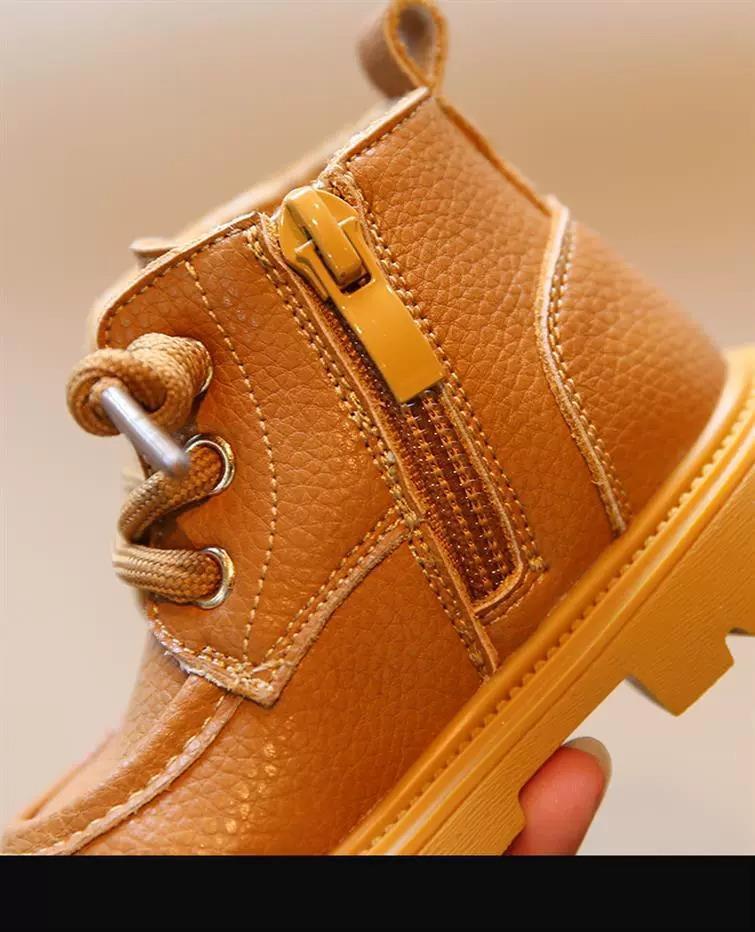 Children's Yellow Leather Martin Boots: Soft Sole Autumn/Winter Toddler Walking Shoes for Boys and Girls.