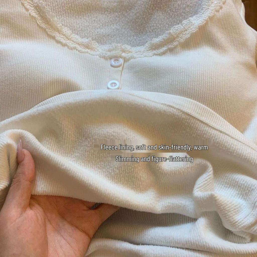 Damen Spitze Quadratischer Ausschnitt Kaschmir Basis-Layer - Schlankmachendes Fleece-gefüttertes Warmes T-Shirt für Herbst/Winter