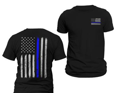 Police Thin Blue Line Flag Front & Back Print Vertical Brushed Design T-Shirt and Kids Tshirt