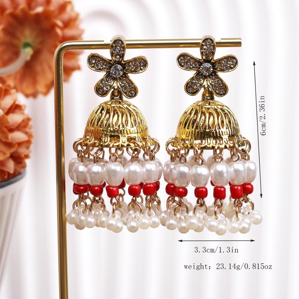 Bohemian Rhinestone Tassel Pearl Earrings - Retro Ethnic Bell-Shaped Design