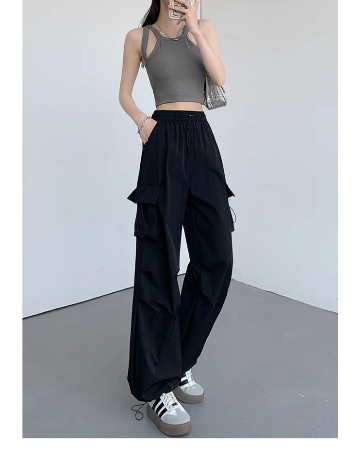 Women's Petite Black Quick-Dry Straight-Leg Wide-Leg Casual Summer Sports Pants 2024