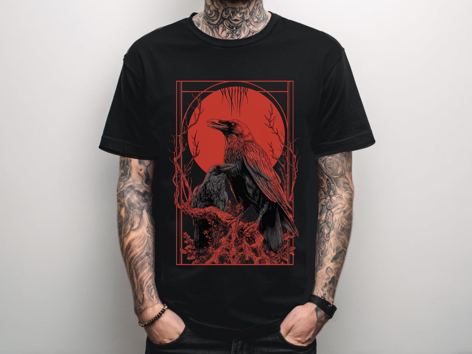 Unisex Raven Blood Moon Gothic T-Shirt, Occult Witchy Graphic Shirt, Emo Goth Clothing, Alternative Metal Graphic Tee, Goth Gift For Him Her S