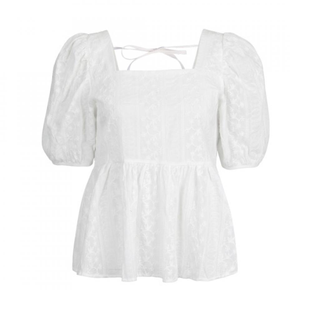 Shop Women Square Neck Embroidery Punching Lace Puff Short Sleeve Blouse Ivory