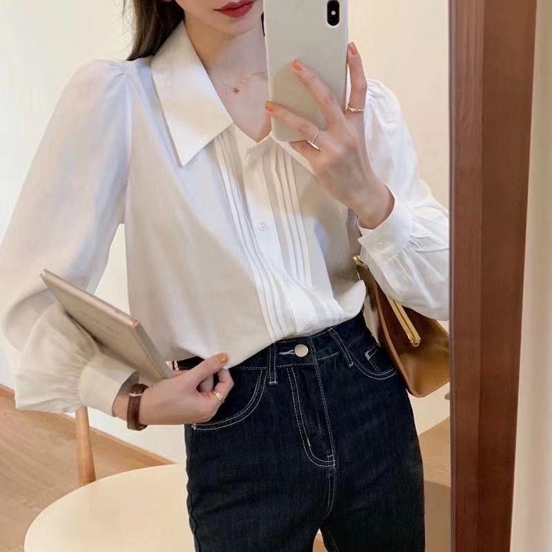Doll Collar White Shirt, New Layering Inside Out, Organ Pleat Blouse Design Chic Long Sleeve Ladies Shirt