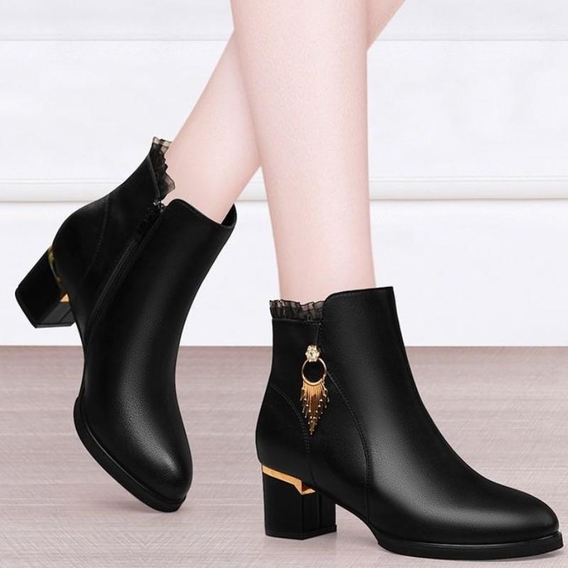 Autumn Winter Black Booties Elegant With Medium Heels Women'S Ankle Boots Leather Warm Female Short Shoes Comfortable Boot Sale