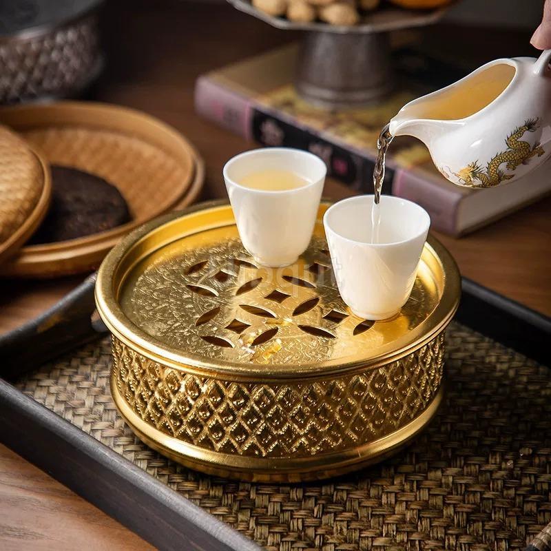 Thai tin alloy round gold Tea Tray Household Draining Tray Round Water Storage basin Office Guest Dry Tea plate serving tray