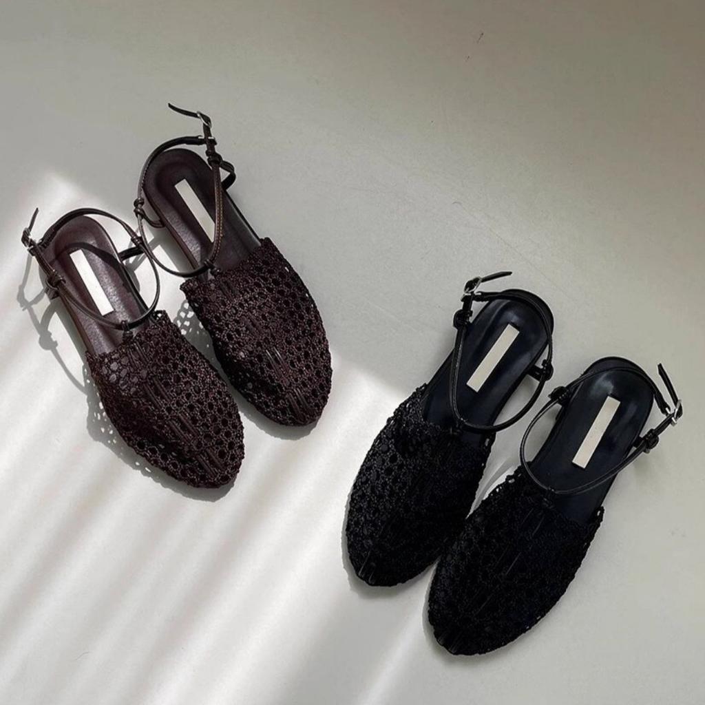Sheepskin Version~ Niche Retro Woven Roman Shoes One-word Buckle Flat Bottom Fishing Net Bag Head Sandals Women Wear Half Slippers