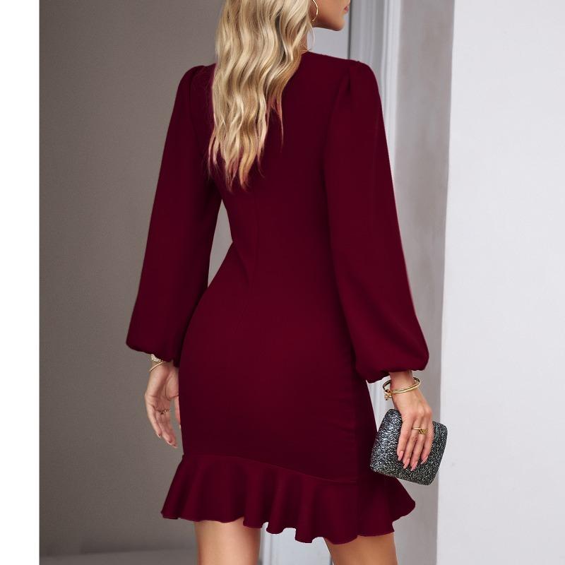 Women Bubble Sleeve Dress Solid Color Fishtail Party Dresses