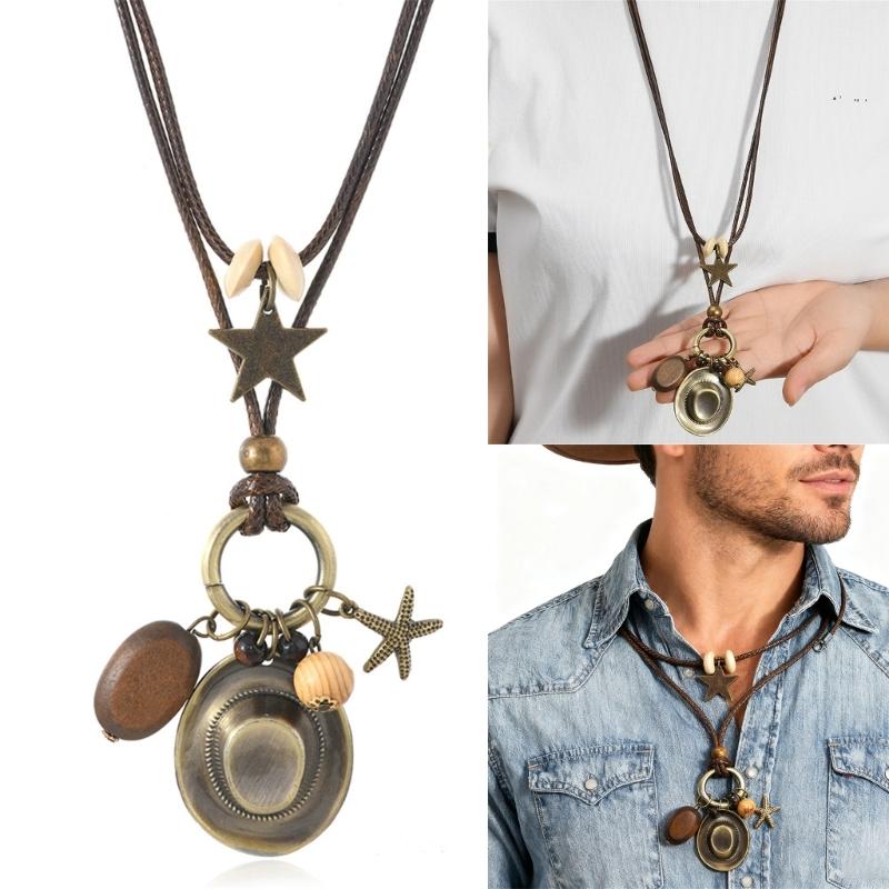 Western Styles Long Chain Necklace Artisanal Crafted Wax Cord Alloy Pendant Wooden Bead Accents Retro Fashion Accessory