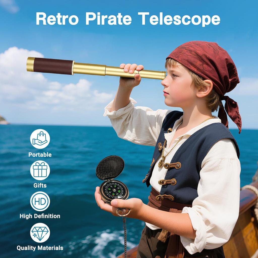 Laupha Pirate Vintage Cosplay Pirates of the Collectible with Pocket Compass Telescope, Monocular, 25x30mm, Extendable, Compact, Portable, Kids'