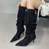 Fashion Liyke New Style Stitching Pleated Denim Pants Knee High Boots Women Button Pocket Decor Patchwork Autumn Winter Slim Heels Shoes