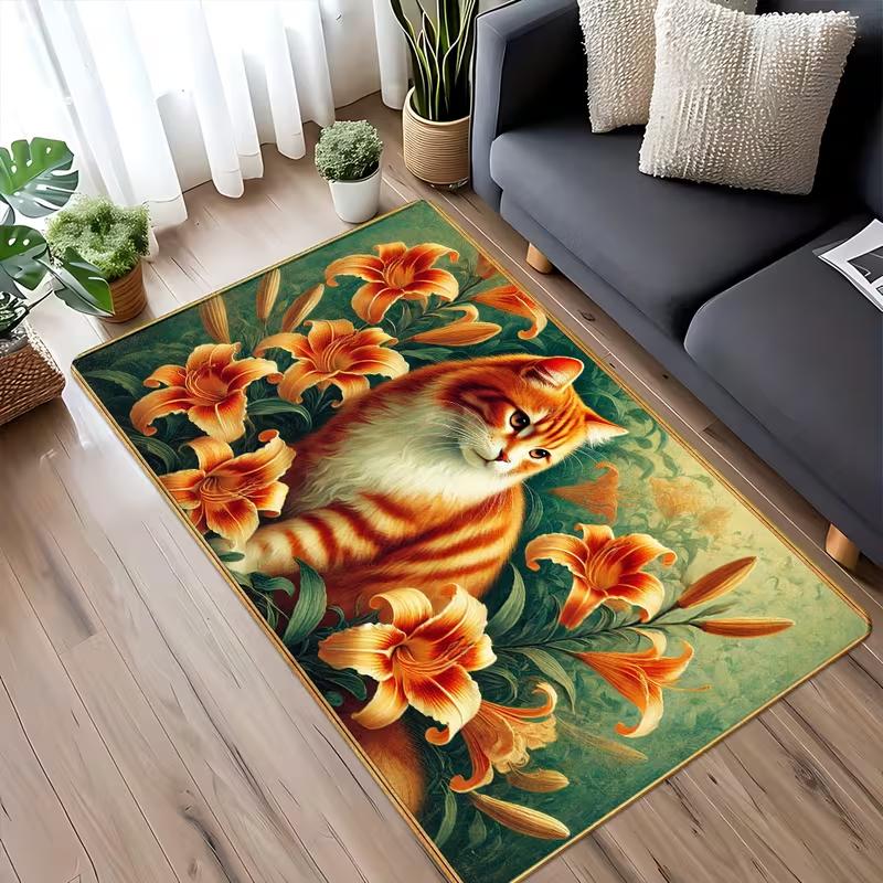 Cute Cat Floral Print Area Rug Boho Cartoon Kitten Flower Decor Mat Soft Non-Slip Home Decor Carpet for Living Room Bedroom
