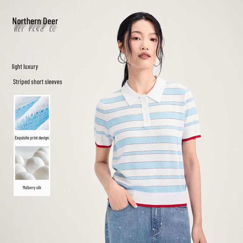 Northern Deer Lyocell Blend Stripe Knit Polo Shirt M