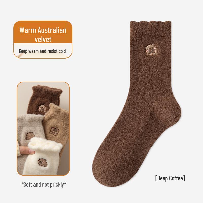 Women's Plush Embroidered Fleece-Lined Mid-Calf Socks - Cute Cartoon Design, Warm and Thick for Autumn and Winter.