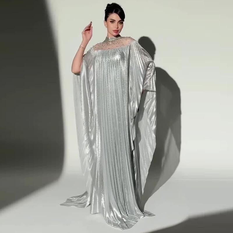 2026 Womens Loose Fit Sequin-Embellished Batwing Sleeve Pleated Maxi Dress XS серебряный