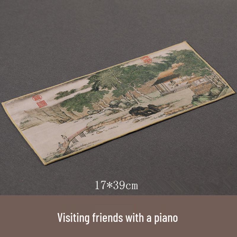 Semišová retro utěrka na čaj inspirovaná čínskou tušovou malbou - Absorpční, oboustranný podtácek pro čajové soupravy a stoly