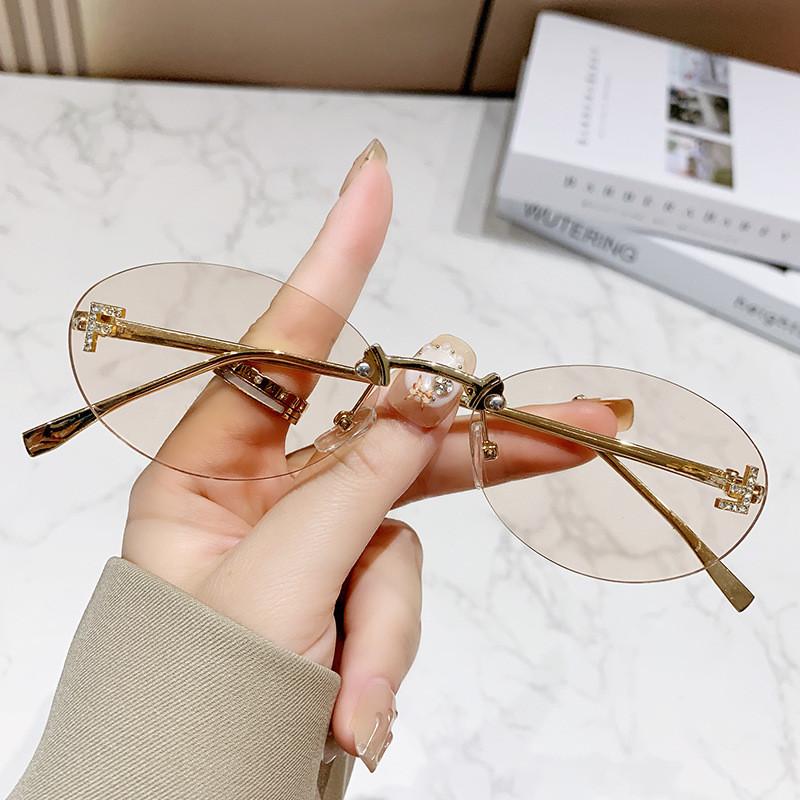 

New Letter F Frameless Sunglasses With Rhinestone Elliptical Frame Uv400 For Fashion Outings GoldFrameChampagne