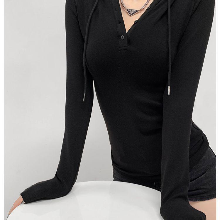 

American Slim-Fit Spicy Girl Hooded Long-Sleeve Waist-Hugging Top for Women - Flattering Spring/Autumn Style 2XL (130-145) чёрный