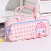 Cute Checkered Pencil Case, Quilted Handheld Stationery Bag with Cute House Embroidery