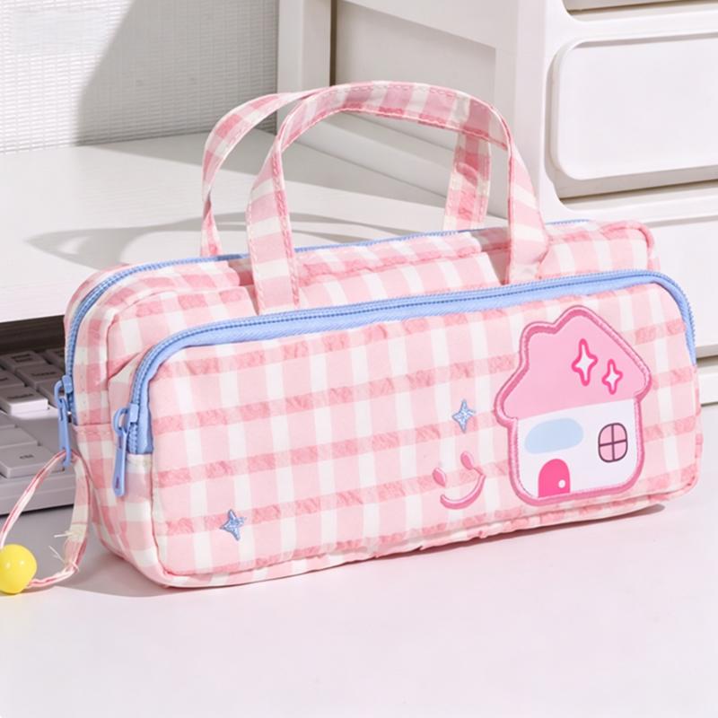 Cute Checkered Pencil Case, Quilted Handheld Stationery Bag with Cute House Embroidery