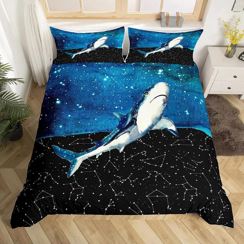 Blue Sea And Galaxy Duvet Cover Set Full,3D Whale Ocean Creatures Bedding Sets Space Starry Mysterious Nebula Comforter Cover