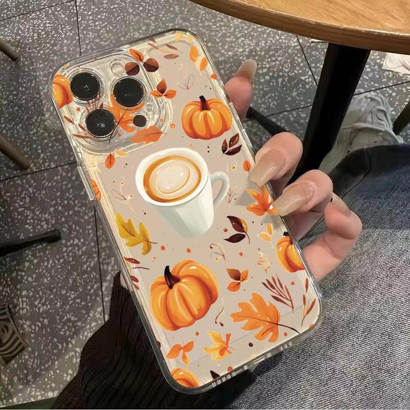 Pumpkin Coffee Autumn Leaves Print Phone Case for iPhone 17 16 15 14 13 12 11 16E Series Pro Max Plus