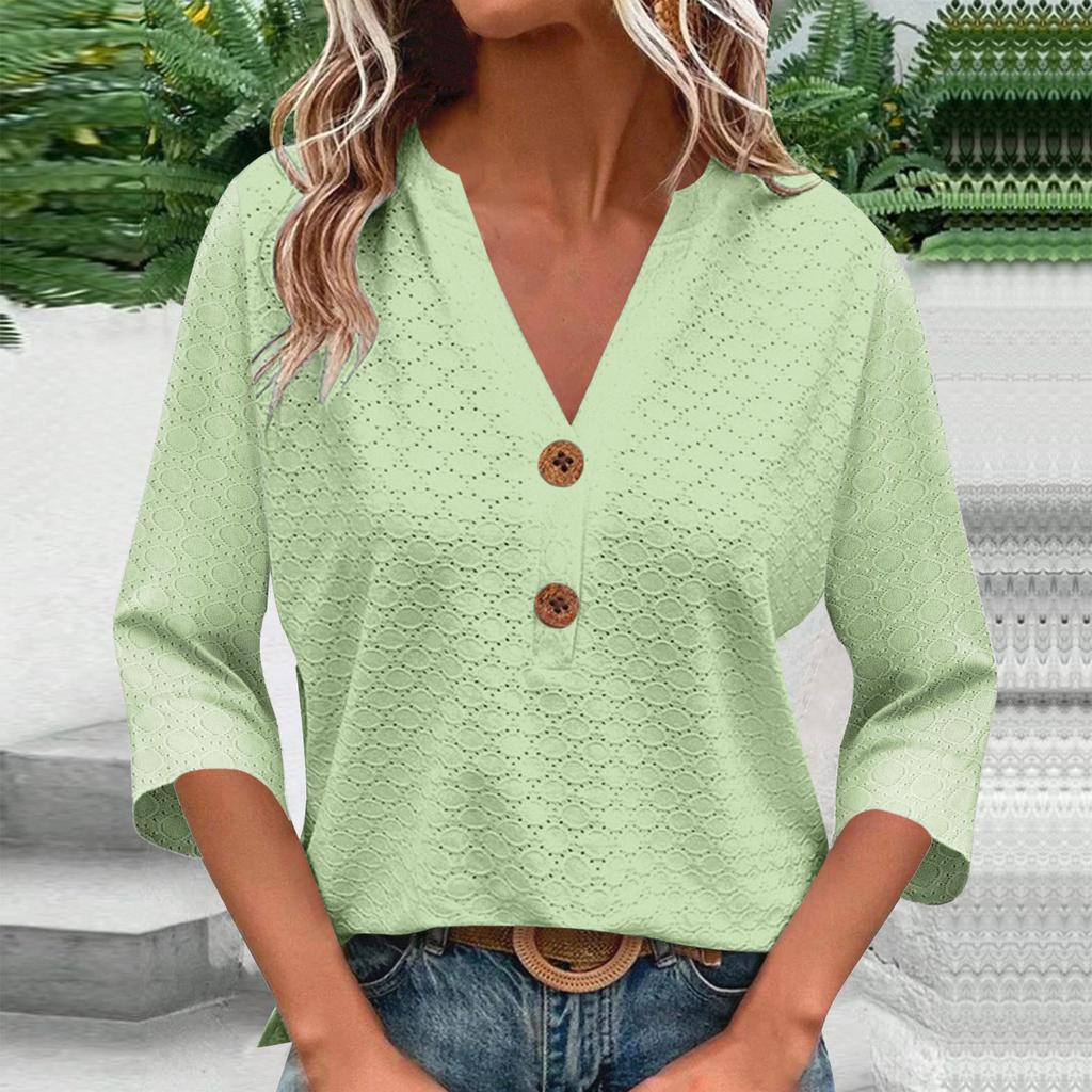 Women's Fashionable Loose-Fit Button-Down V-Neck Three-Quarter Sleeve Casual Top