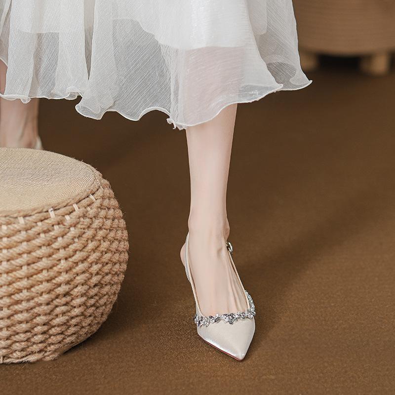 2025 new summer temperament high heels French thin heel pointed word beautiful bag head sandals rhinestone women's shoes