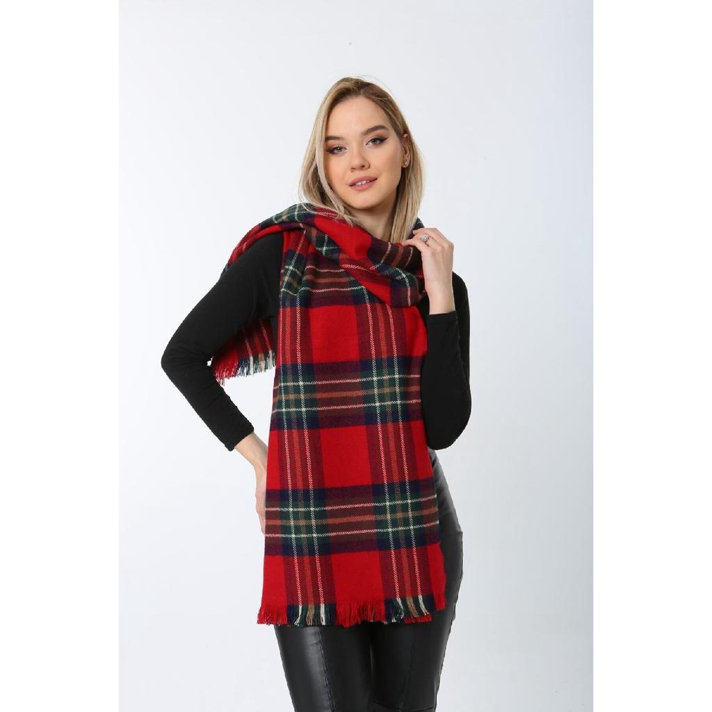 Women's Red Plaid Patterned Scarf - Shawl 70x180 Cm Sal1201