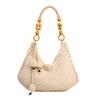 Hand-woven Straw Tote Bag With Wooden Bead Handle Large Capacity Summer Beach Shoulder Bag Casual Hollow Vacation Crochet Bag