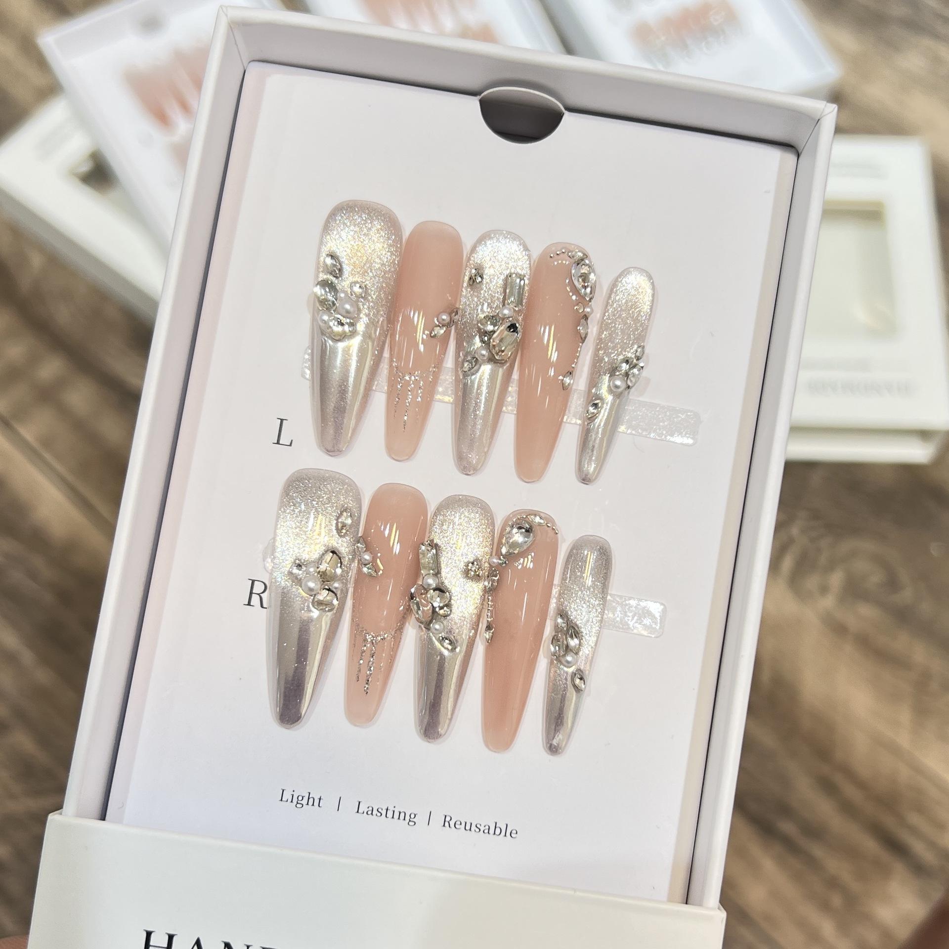 

Чистая ручная броня класса люкс нюдового цвета «кошачий глаз» волшебное зеркало французский циркон крошка бриллианта маникюр съемный large L