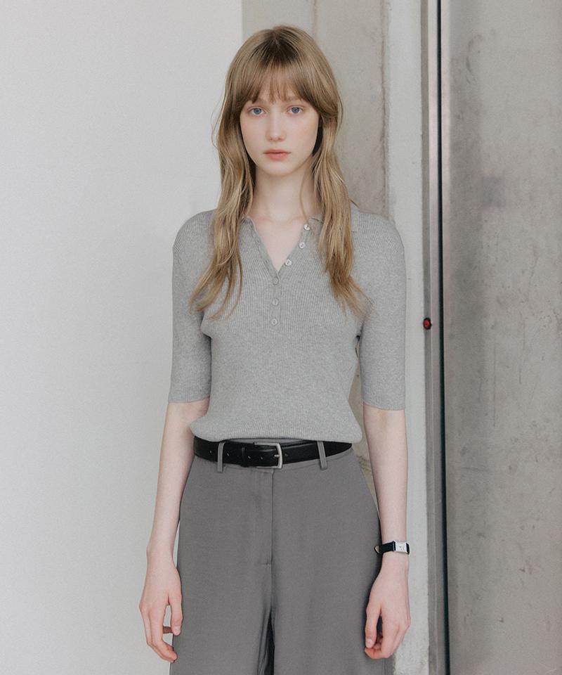 LEFTSEOUL Button Collar Ribbed Half Knit [Gray]