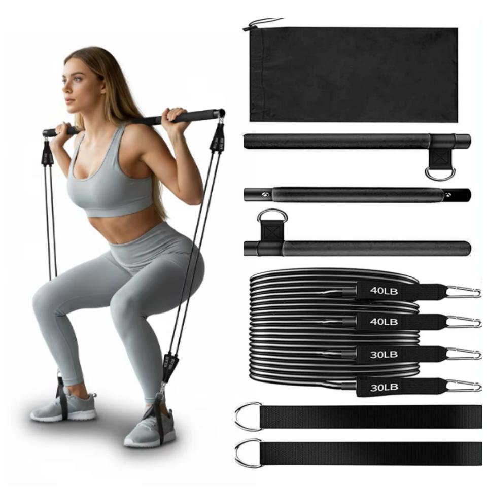 Multi-Functional Eco-friendly TPE Pilates Bar Kit with 3-Section Adjustable Resistance Bands for Yoga Exercise one size чёрный