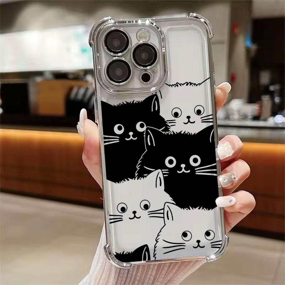 Black Cat Cartoon Art Phone Case for iPhone 11 13 15 16 17 Pro Max 14 Plus 17Air 16E 13 Pro 12 Mini 17Pro Shockproof Clear Cover