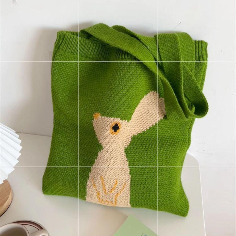 Animal Rabbit Handbag Green Weave Shoulder Bag Simple Knitted Tote Bag  Girls