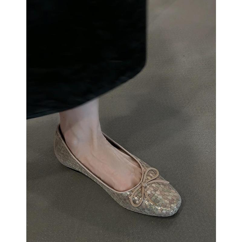 

Sheepskin version~ French retro bow woven flat-bottomed ballet shoes women s Korean version leather versatile light mouth single shoes 35