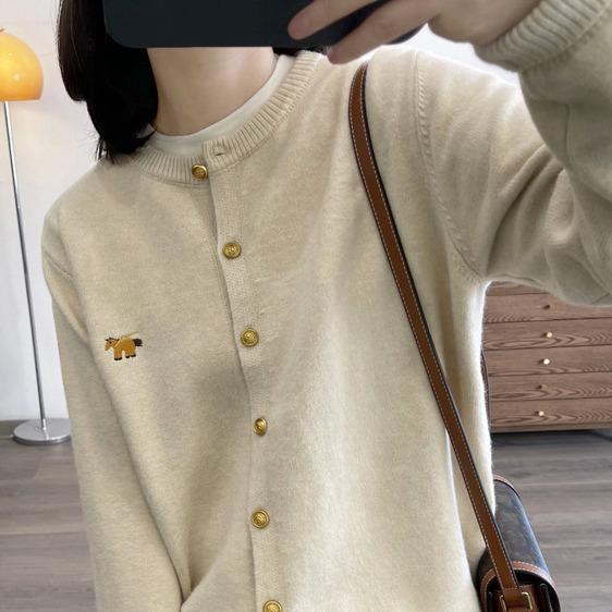 2024 Spring Women's Wool Cardigan - Round Neck with Little Horse Embroidery.