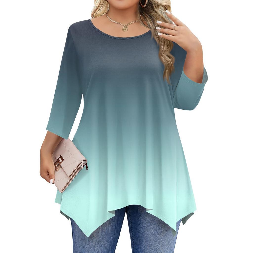 Dámská trička s 3/4 rukávem plus size, tunikové topy s kulatým výstřihem, základní volný střih, trička L-5XL