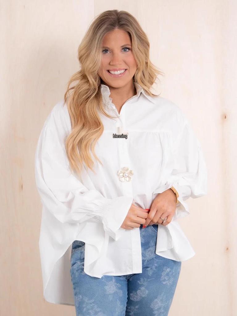 2025 High-End Women's Solid Color Shirt with Metal Flower Buckle - Long-Sleeve, Loose, Casual Style