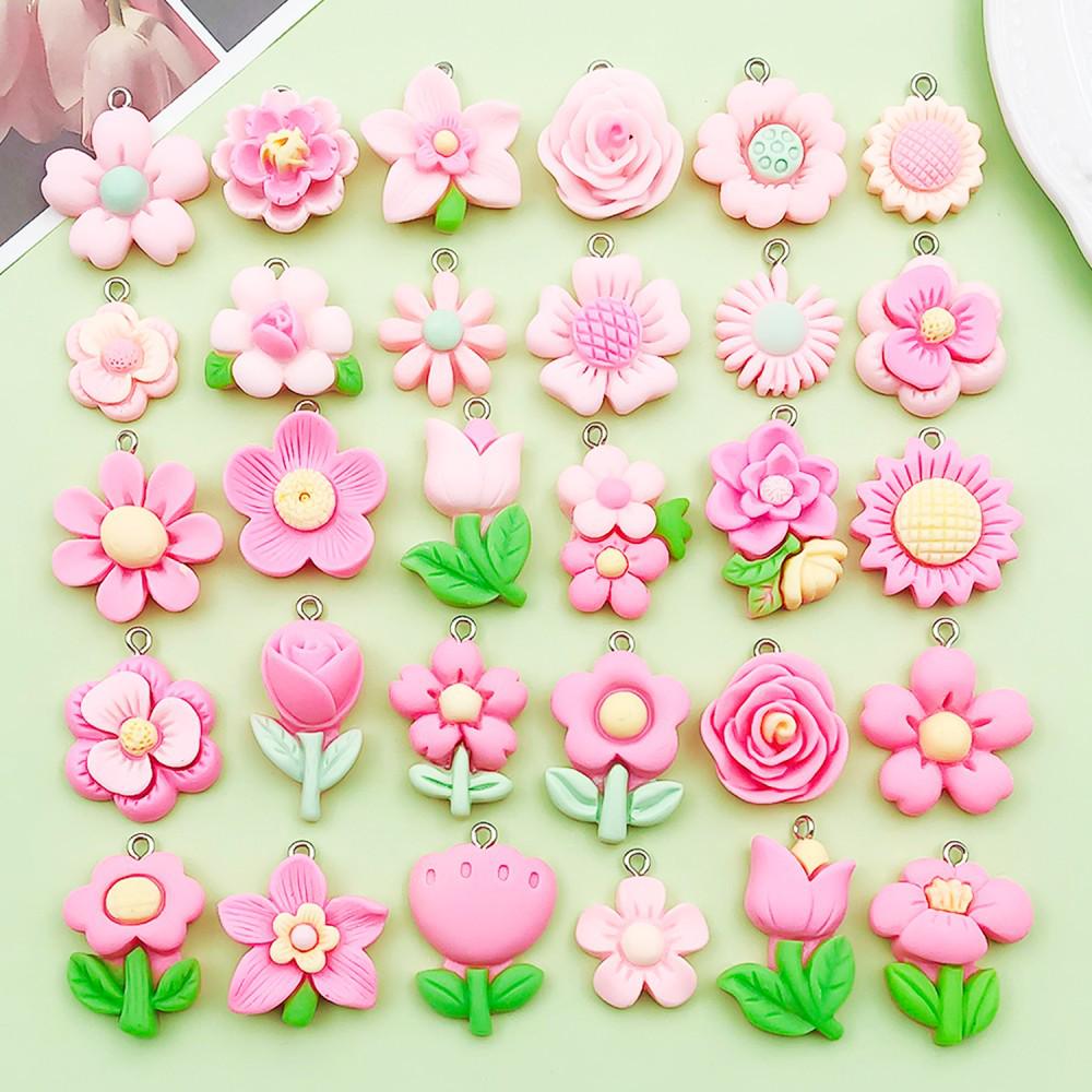 30-Piece Set: Pink Resin Sunflower & Rose Flower Pendants for DIY Jewelry