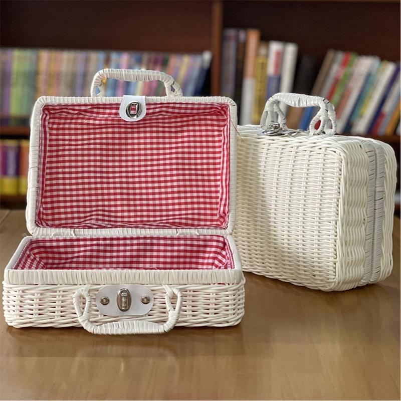 

Portable Travel Toiletry Makeup Bag Woven Ratton Gift Box Cosmetic Organizer Large Capacity for Women Girls 22X17X11CM бежевий